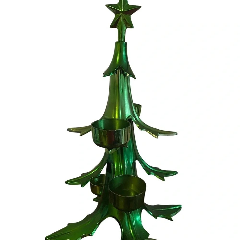 Vtg. Rare Pottery Barn 12” Green Heavy Metal Christmas Ball Candle Holder Tree